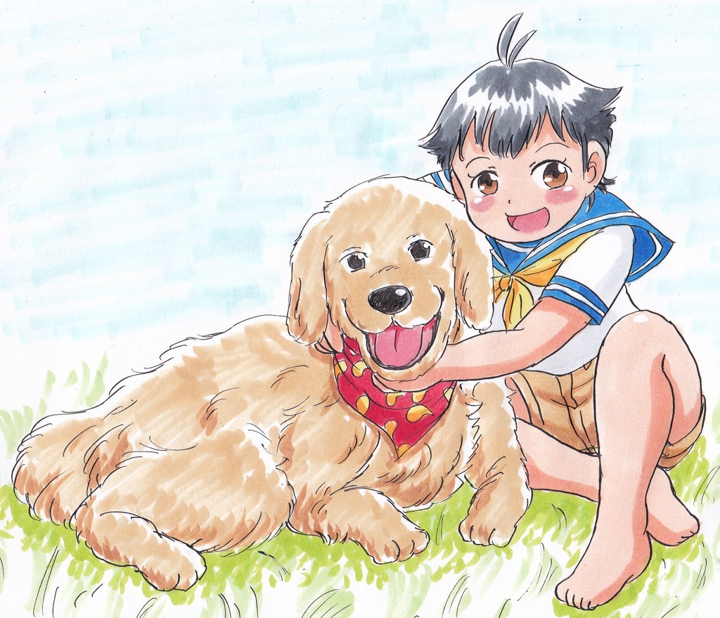 アナログ原画　犬と少年