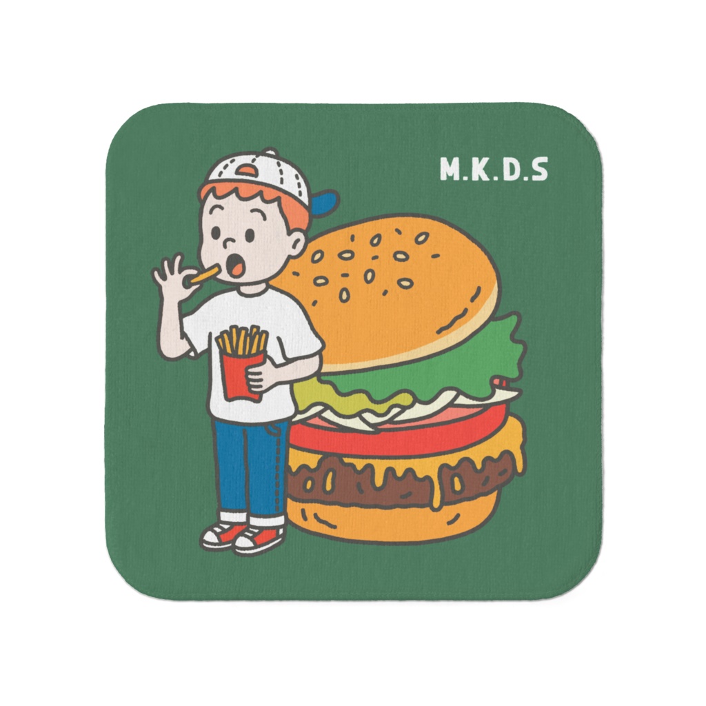 男の子とハンバーガーとポテトのミニタオル