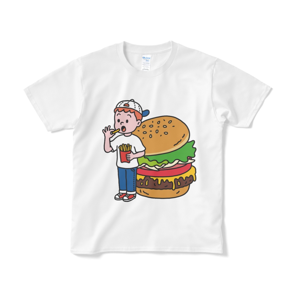 男の子とハンバーガーとポテトの白いTシャツ