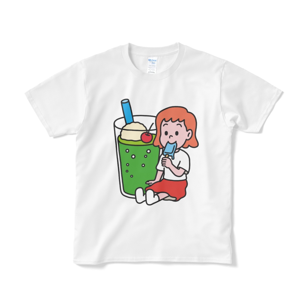 女の子とアイスクリームとクリームソーダの白いTシャツ