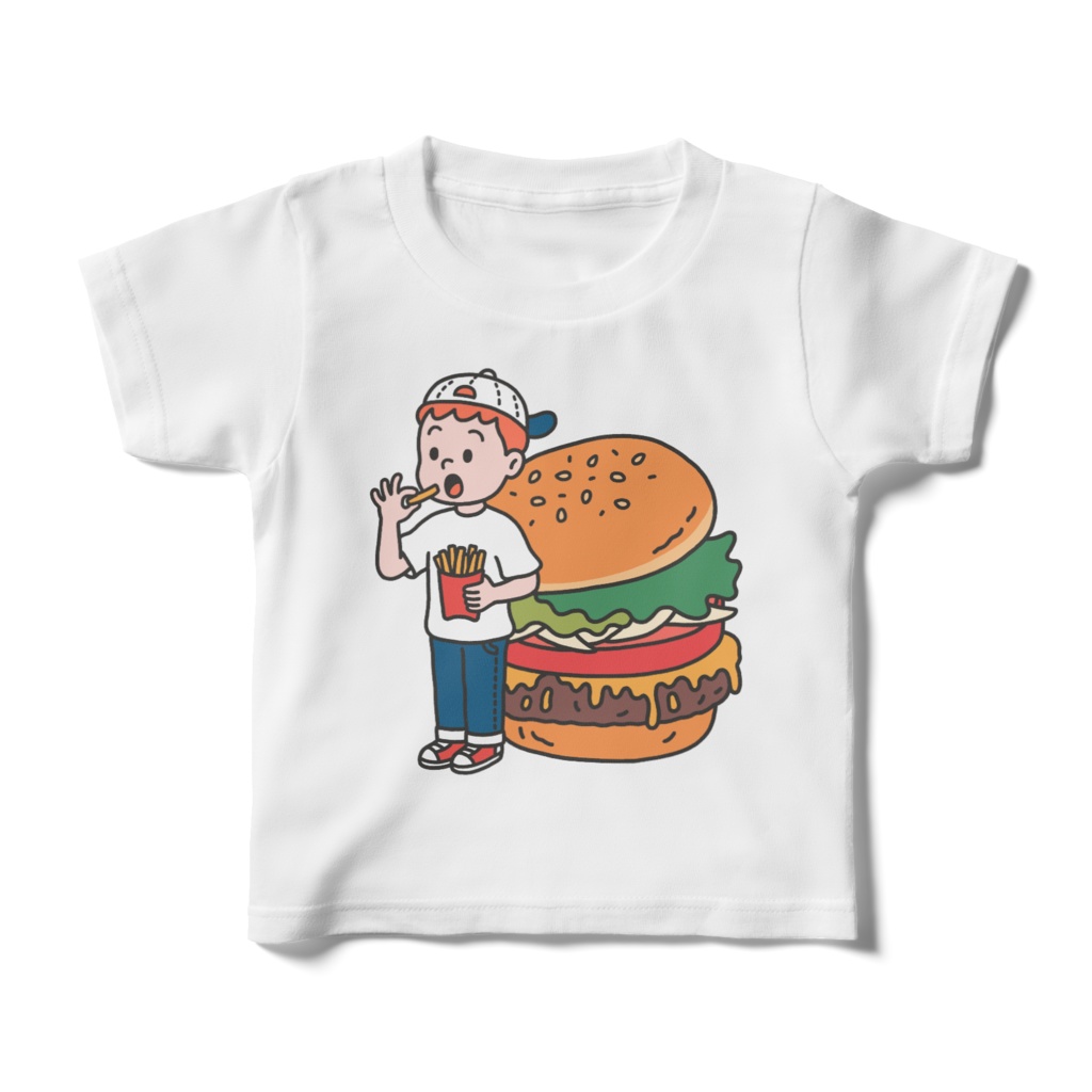 男の子とハンバーガーとポテトの白いキッズTシャツ