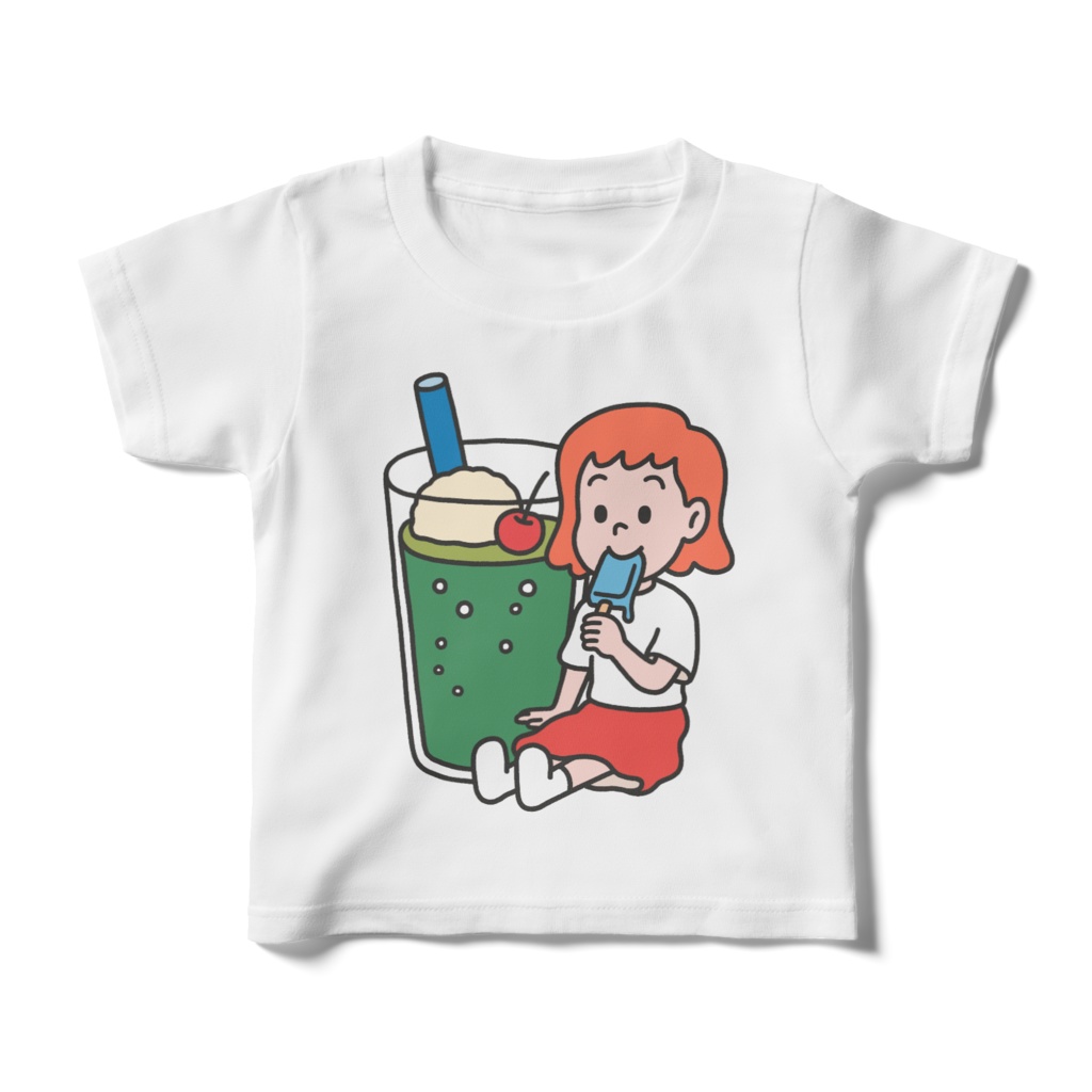 女の子とアイスクリームとクリームソーダの白いキッズTシャツ