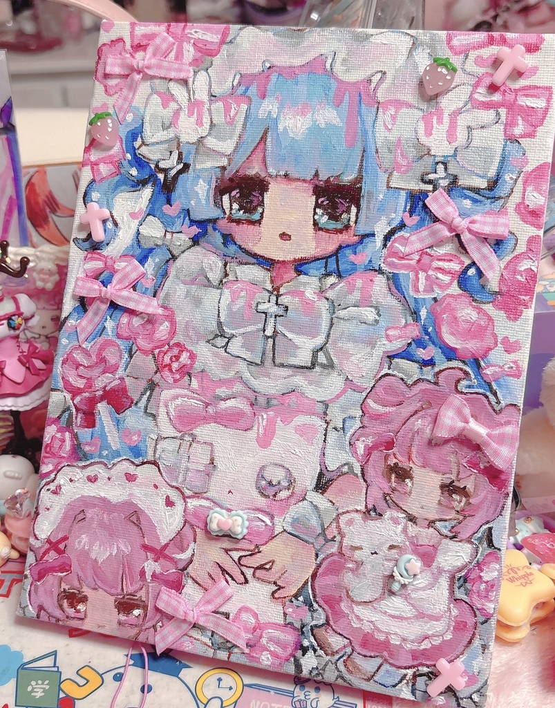 【油絵】 みずいろ♡ぴんくの女の子 (縦24×横18cm)