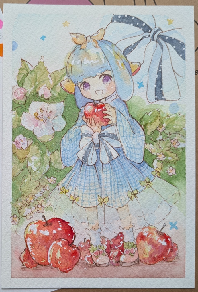 透明水彩原価 ポストカードサイズ - リンゴちゃん