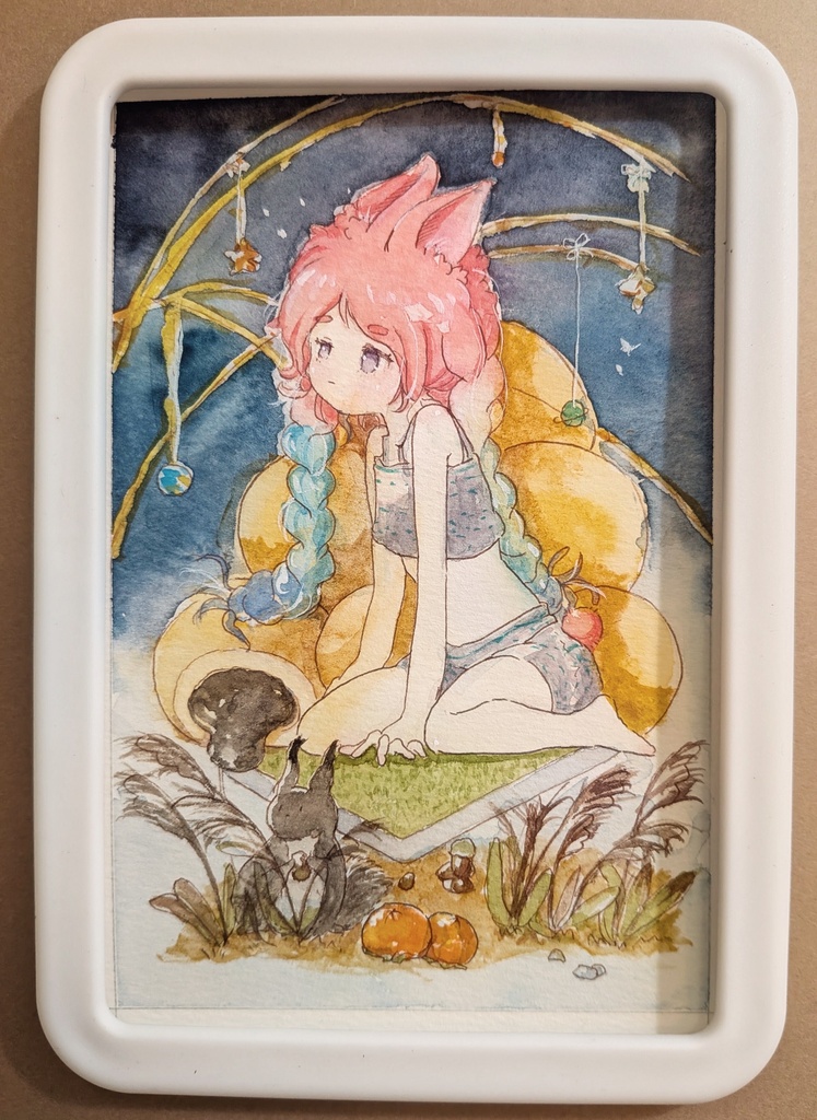 透明水彩原画 ポストカードサイズ - お月見