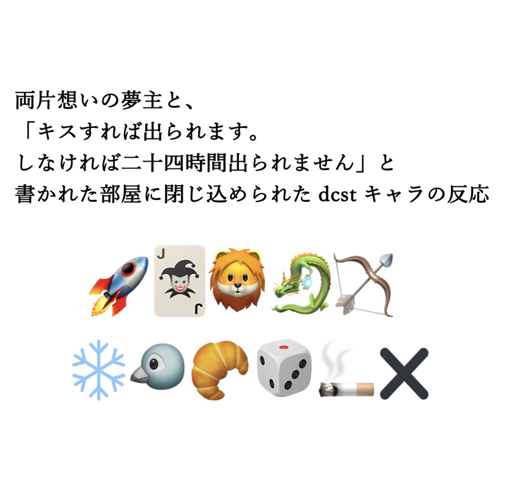 両片想いの夢主と、「キスすれば出られます。 しなければ二十四時間出られません」と 書かれた部屋に閉じ込められた ｄｃｓｔキャラの反応