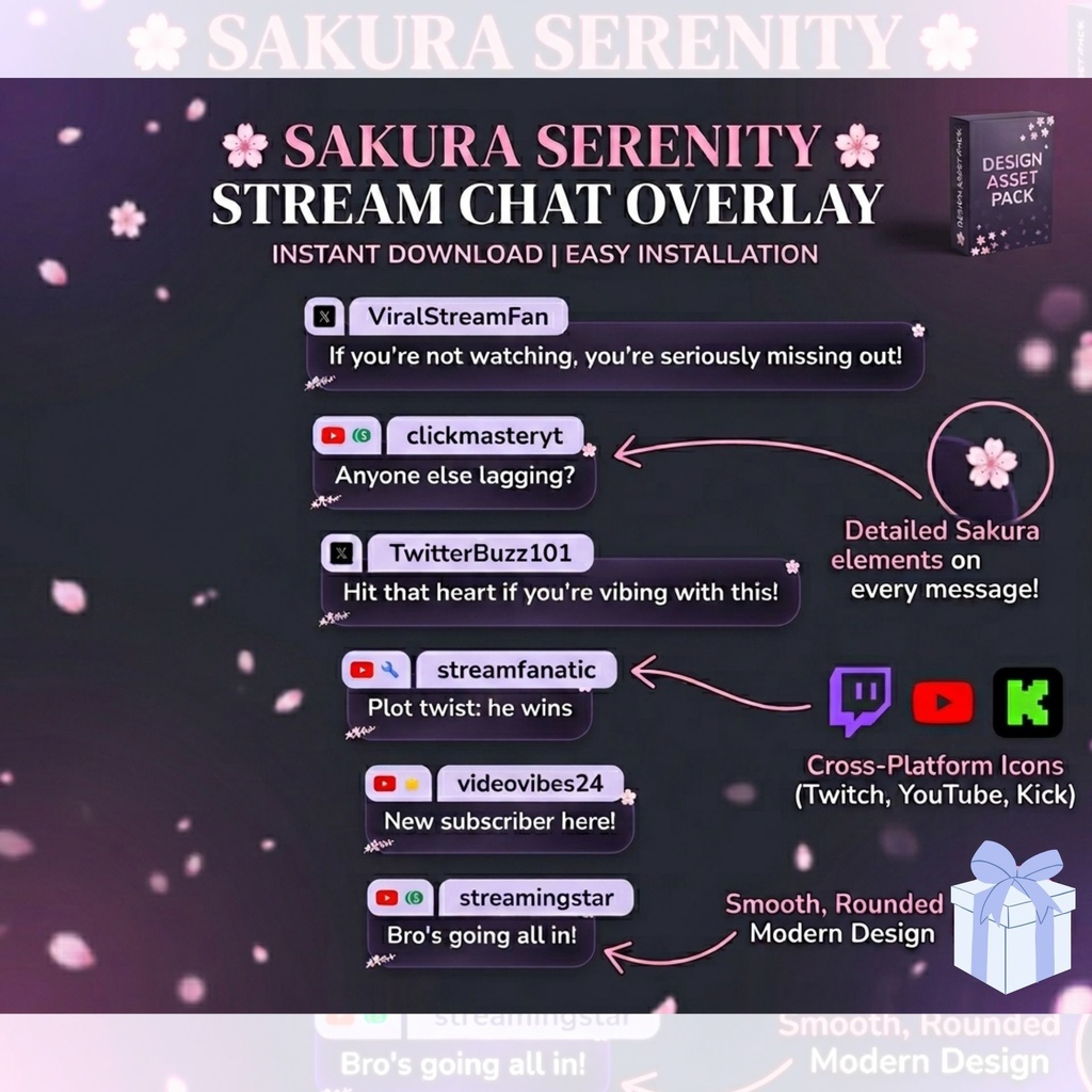 【OBS/配信素材】桜の舞うグラデーション・チャットボックス「Sakura Serenity」/ カスタムCSS