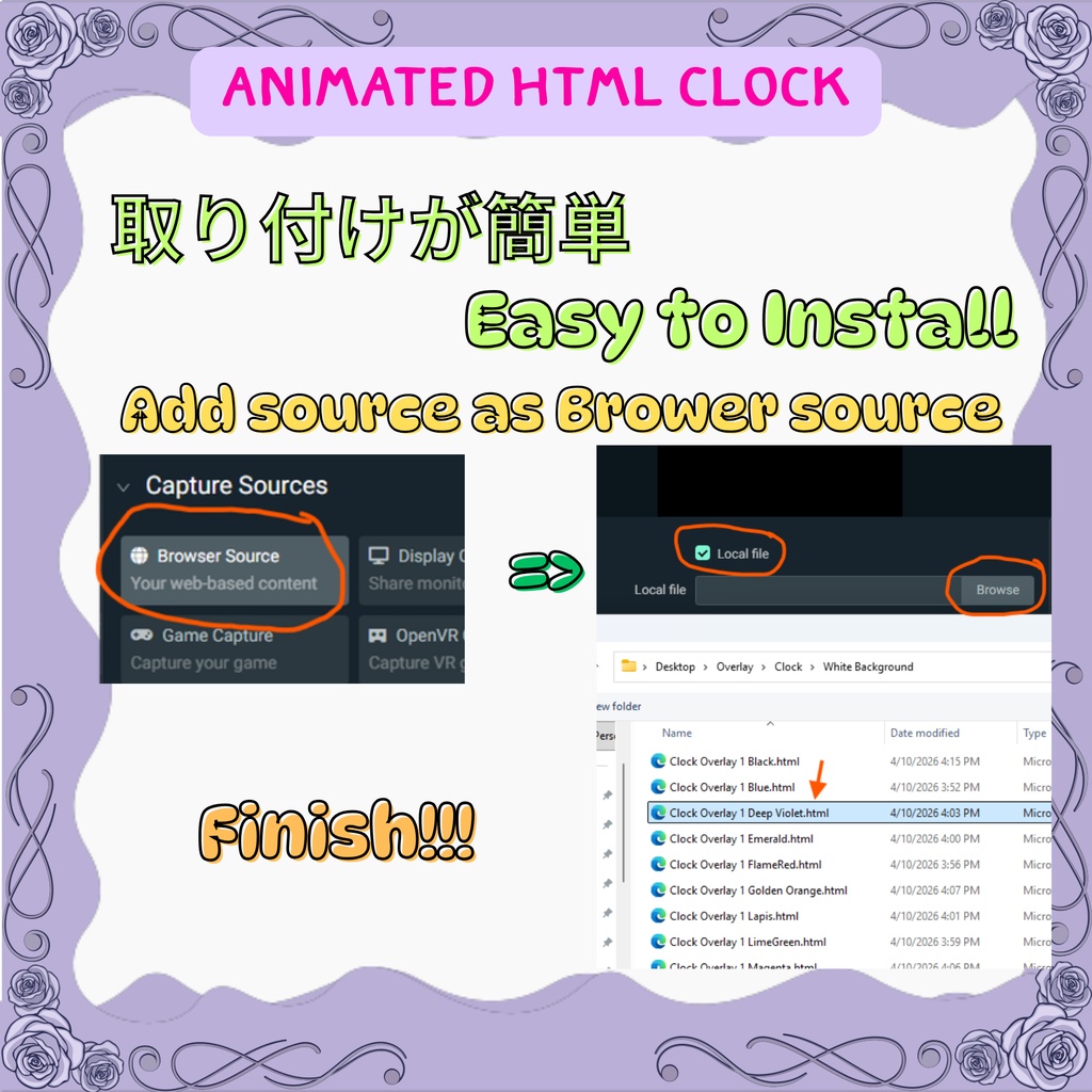 アナログ時計「Analog Clock」16色|VTuber・配信用おしゃれ時計 / Analog Clock for OBS & Streamlabs (16 Colors, Roman & Minimal, EN & JP)
