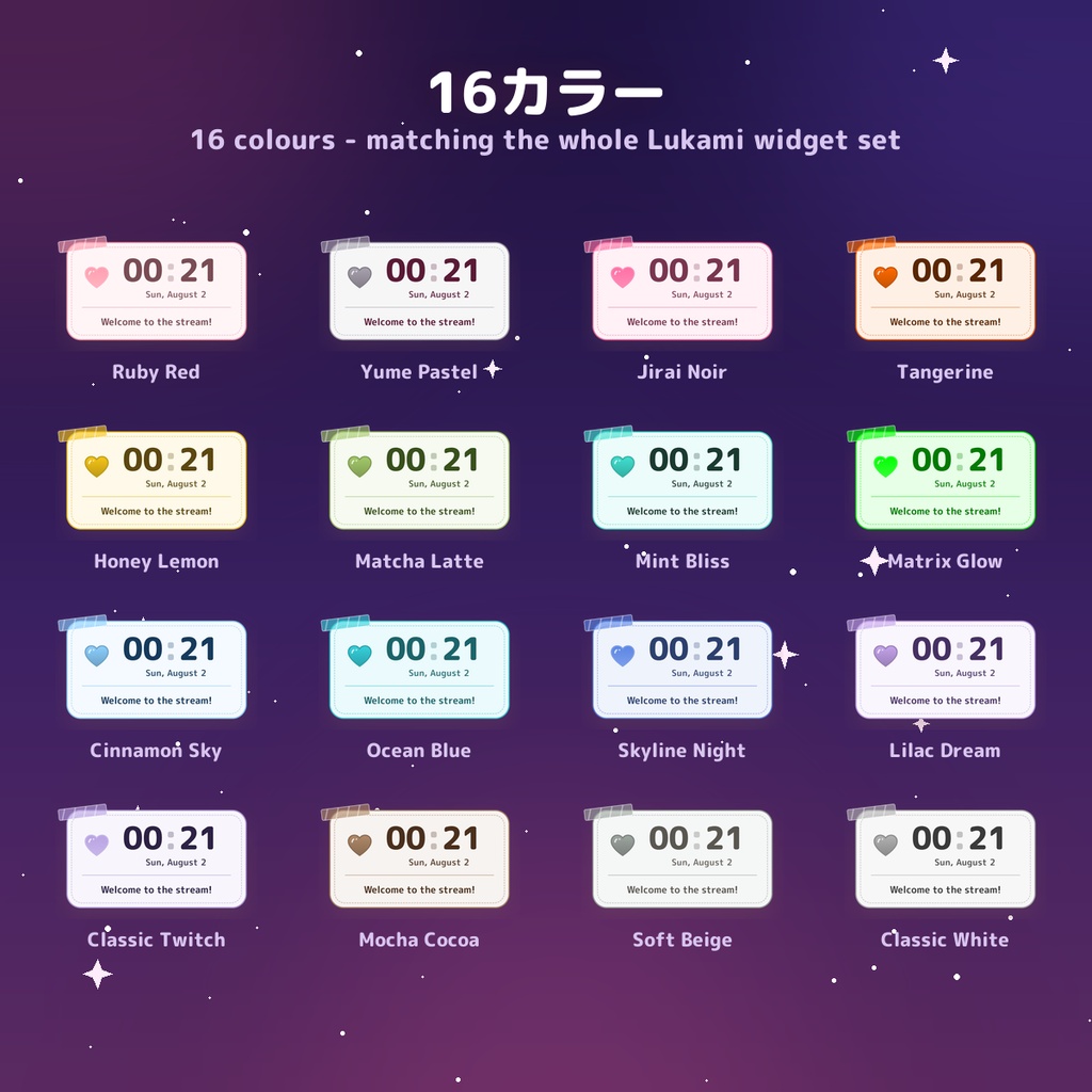メッセージ時計 16色|VTuber向け 時計+メッセージ ウィジェット(OBS / Streamlabs・日本語/英語)/ Message Clock with rotating messages (16 Colors, EN & JP)