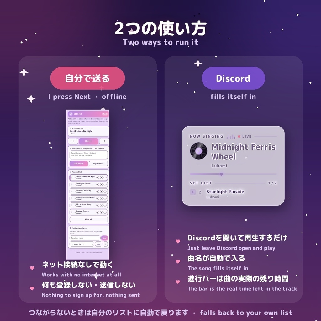 【歌枠】セットリスト表示ツール セトリ / Setlist for OBS & Streamlabs — Discord連携で曲名自動 / 16カラー × 日英(無料版あり)