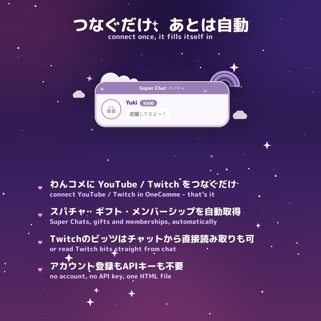 【投げ銭アラート】ゆめかわクラウド スパチャ・ギフト演出 / Donation Alert Cloud for OBS — 金額でSSR演出・16カラー × 日英(無料版あり・わんコメ / Twitch)