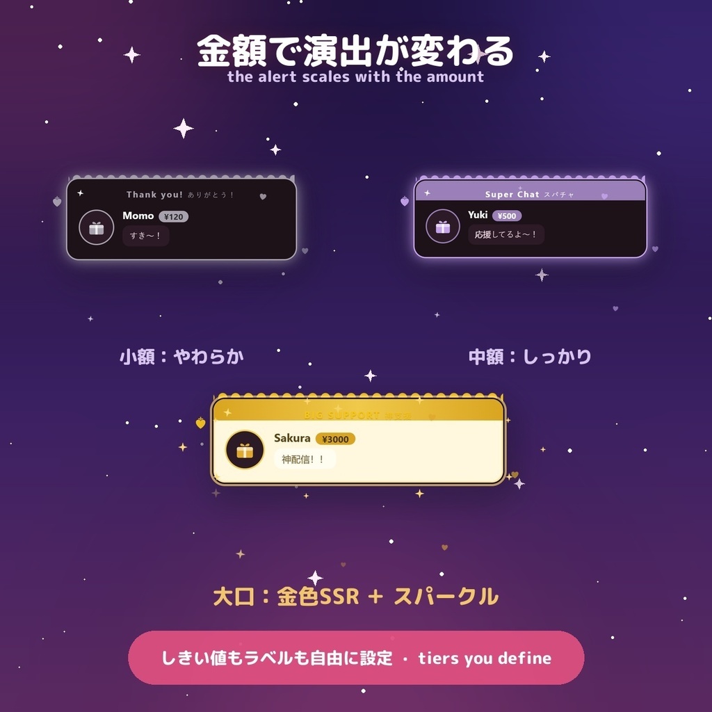 【投げ銭アラート】地雷系ダークキュート スパチャ・ギフト演出 / Donation Alert Jirai for OBS — 金額でSSR演出・16カラー × 日英(無料版あり・わんコメ / Twitch)