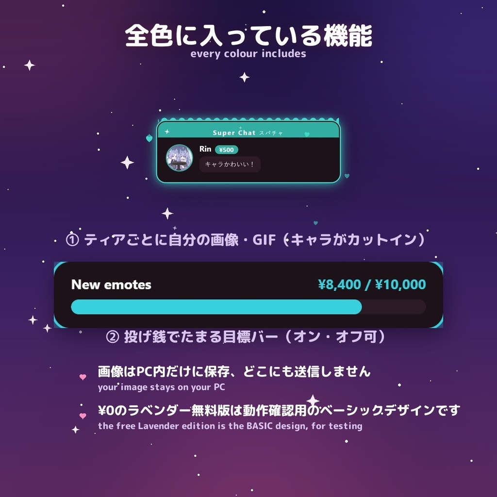 【投げ銭アラート】地雷系ダークキュート スパチャ・ギフト演出 / Donation Alert Jirai for OBS — 金額でSSR演出・16カラー × 日英(無料版あり・わんコメ / Twitch)