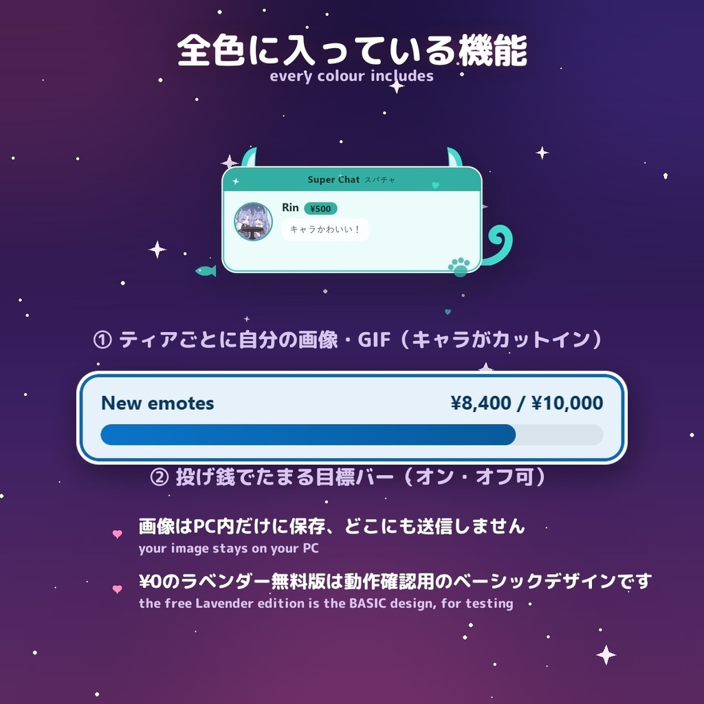 【投げ銭アラート】ねこきゅん スパチャ・ギフト演出 / Donation Alert Neko for OBS — 金額でSSR演出・16カラー × 日英(無料版あり・わんコメ / Twitch)