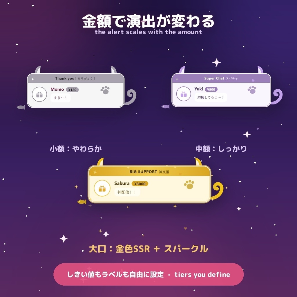 【投げ銭アラート】ねこきゅん スパチャ・ギフト演出 / Donation Alert Neko for OBS — 金額でSSR演出・16カラー × 日英(無料版あり・わんコメ / Twitch)