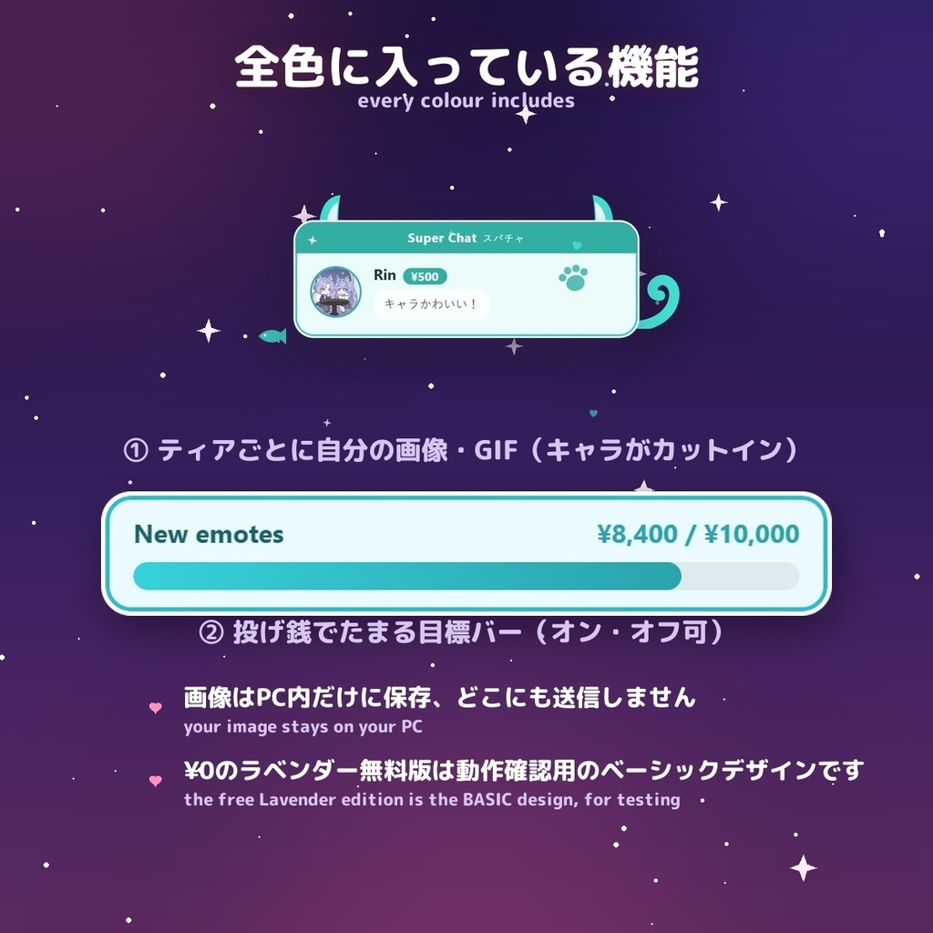 【投げ銭アラート】ねこきゅん スパチャ・ギフト演出 / Donation Alert Neko for OBS — 金額でSSR演出・16カラー × 日英(無料版あり・わんコメ / Twitch)