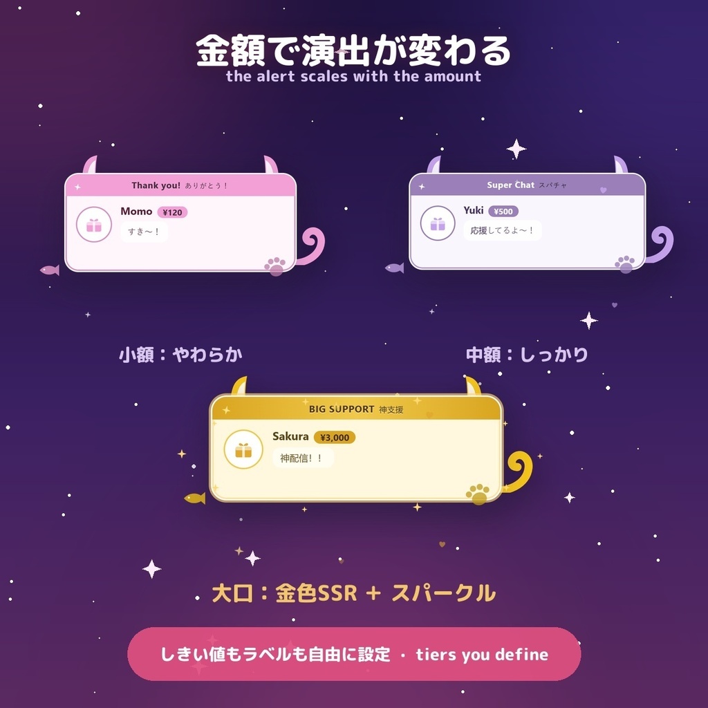 【投げ銭アラート】ねこきゅん スパチャ・ギフト演出 / Donation Alert Neko for OBS — 金額でSSR演出・16カラー × 日英(無料版あり・わんコメ / Twitch)