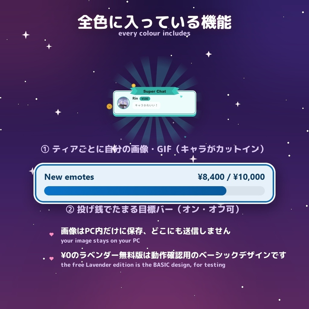 【投げ銭アラート】コインシャワー スパチャ・ギフト演出 / Donation Alert Coin for OBS — 金額でSSR演出・16カラー × 日英(無料版あり・わんコメ / Twitch)