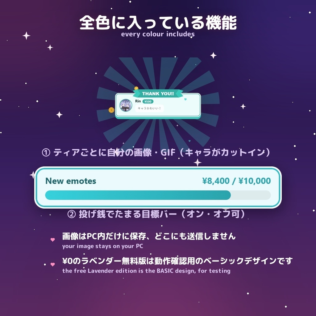 【投げ銭アラート】コインシャワー スパチャ・ギフト演出 / Donation Alert Coin for OBS — 金額でSSR演出・16カラー × 日英(無料版あり・わんコメ / Twitch)