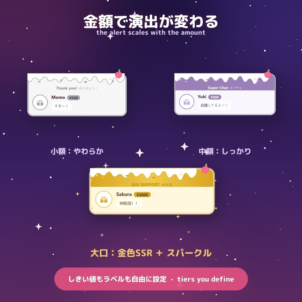 【投げ銭アラート】いちごスイーツ スパチャ・ギフト演出 / Donation Alert Sweets for OBS — 金額でSSR演出・16カラー × 日英(無料版あり・わんコメ / Twitch)