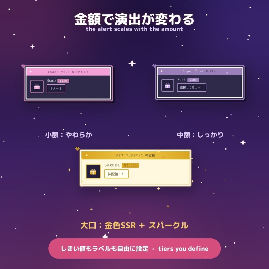 【投げ銭アラート】ピクセルゲーム スパチャ・ギフト演出 / Donation Alert Pixel for OBS — 金額でSSR演出・16カラー × 日英(無料版あり・わんコメ / Twitch)
