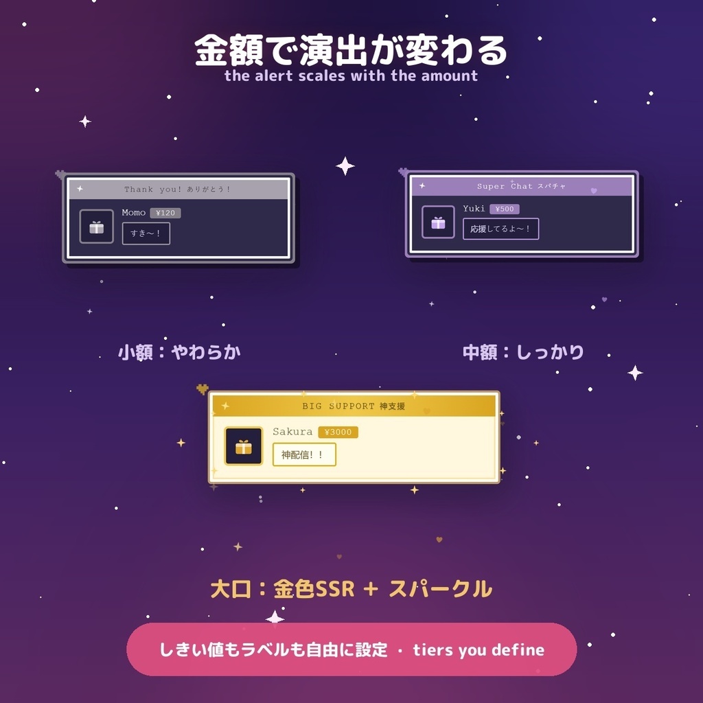 【投げ銭アラート】ピクセルゲーム スパチャ・ギフト演出 / Donation Alert Pixel for OBS — 金額でSSR演出・16カラー × 日英(無料版あり・わんコメ / Twitch)