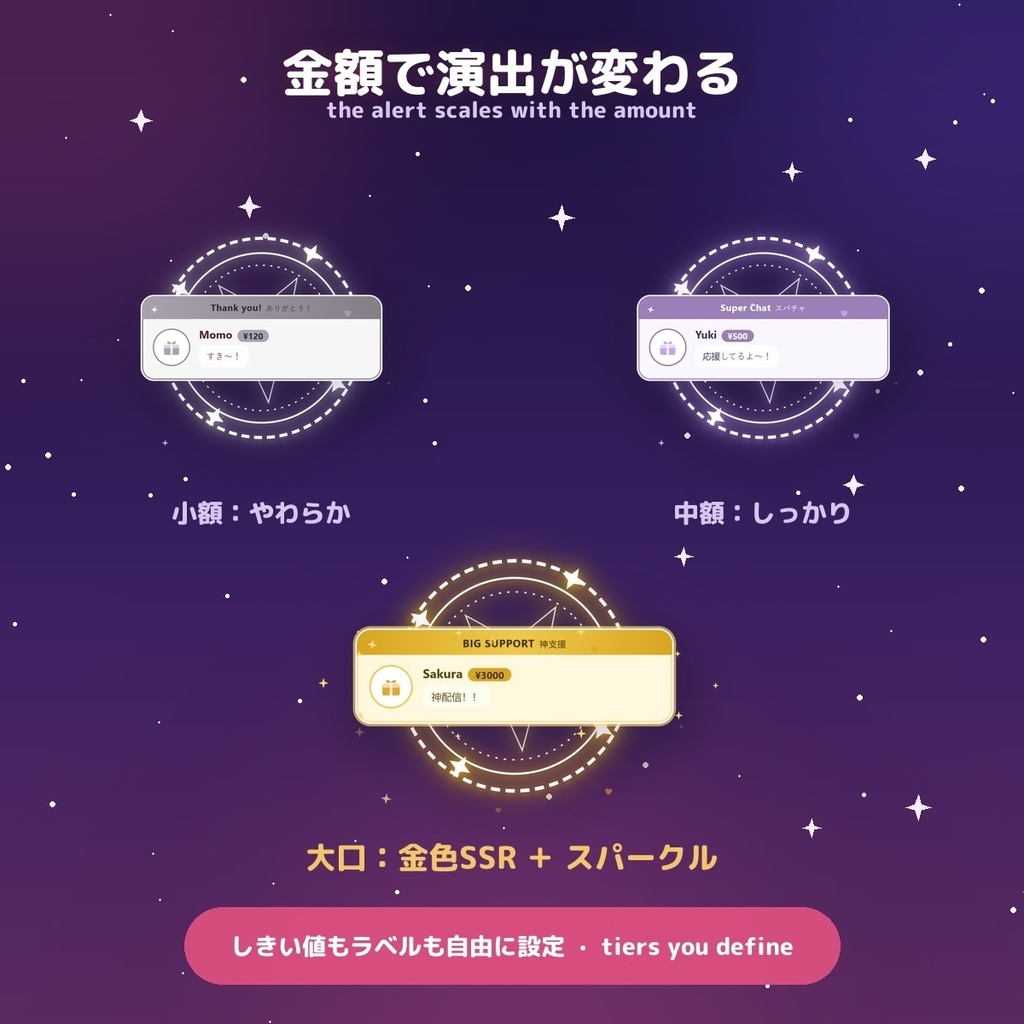 【投げ銭アラート】魔法陣 スパチャ・ギフト演出 / Donation Alert Magical for OBS — 金額でSSR演出・16カラー × 日英(無料版あり・わんコメ / Twitch)