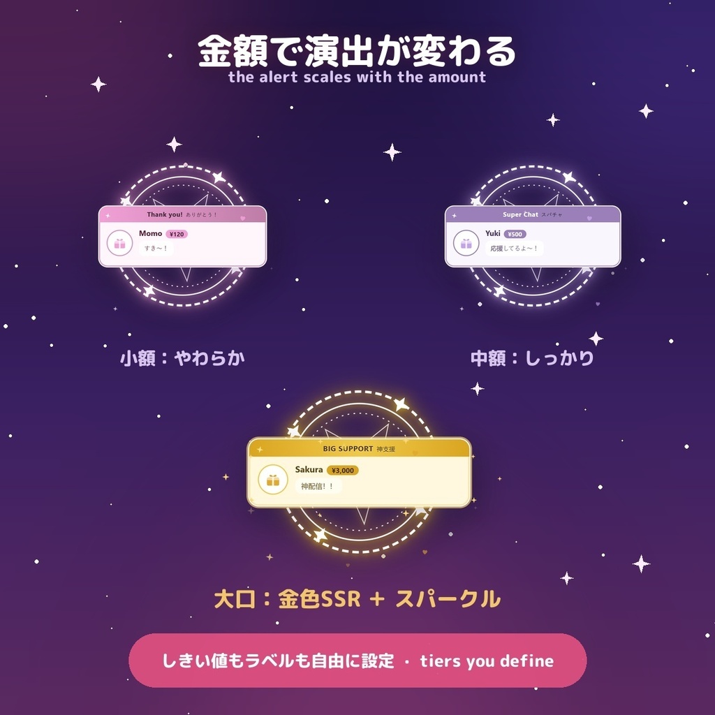【投げ銭アラート】魔法陣 スパチャ・ギフト演出 / Donation Alert Magical for OBS — 金額でSSR演出・16カラー × 日英(無料版あり・わんコメ / Twitch)