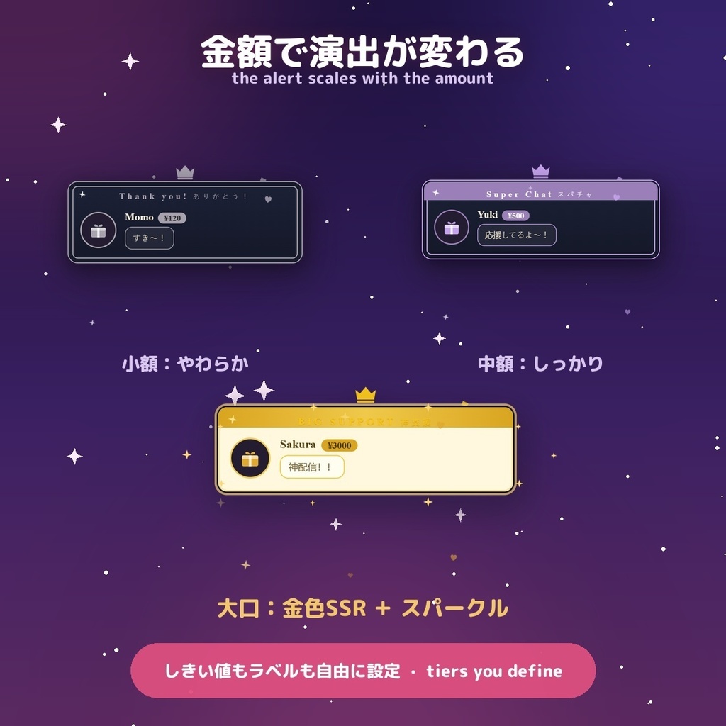 【投げ銭アラート】ロイヤルゴールド スパチャ・ギフト演出 / Donation Alert Gold for OBS — 金額でSSR演出・16カラー × 日英(無料版あり・わんコメ / Twitch)