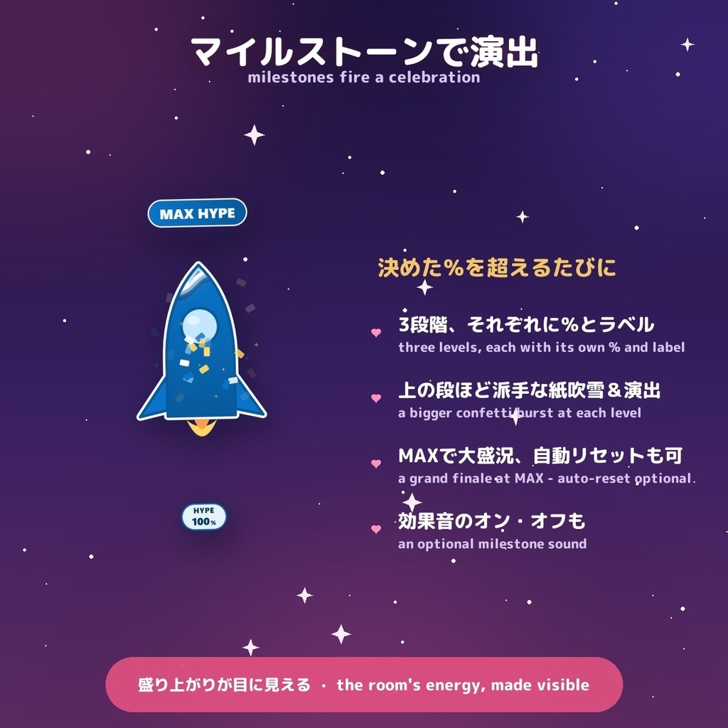 【盛り上がりメーター】選べる27シェイプ / Hype Meter for OBS — コメントで上がる参加型・スパチャで大盛況・全シェイプ16色テーマ内蔵 × 日英(わんコメ / Twitch対応)