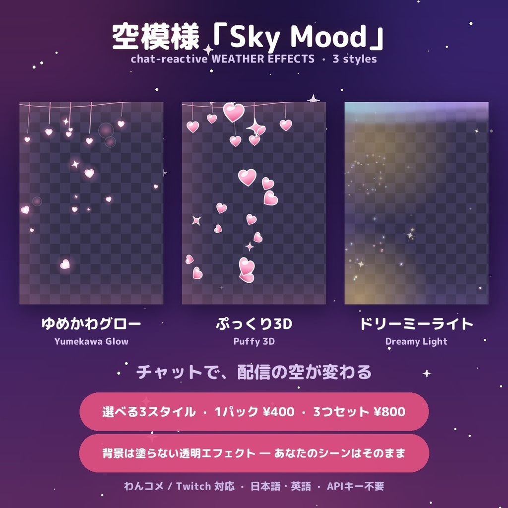 【空模様 Sky Mood】チャットで空が変わる 天気エフェクトオーバーレイ 選べる3スタイル / Chat-Reactive Weather Effects for OBS — 盛り上がりで太陽・ハート連投でハートの雨・草で草が生える・スパチャでオーロラ+花火(日英・わんコメ / Twitch対応)