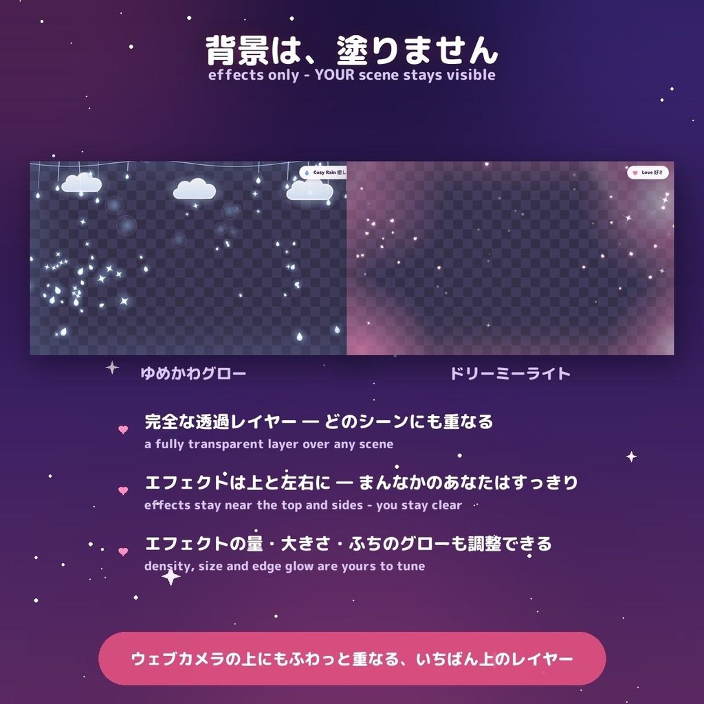 【空模様 Sky Mood】チャットで空が変わる 天気エフェクトオーバーレイ 選べる3スタイル / Chat-Reactive Weather Effects for OBS — 盛り上がりで太陽・ハート連投でハートの雨・草で草が生える・スパチャでオーロラ+花火(日英・わんコメ / Twitch対応)