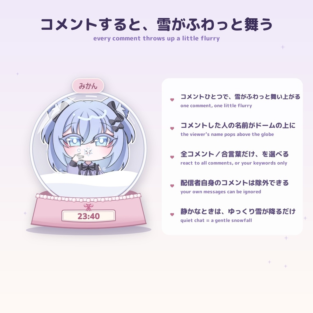 【ゆきふるスノードーム】選べる4つの季節 参加型 Snow Globe for OBS — コメントで雪が舞う・スパチャでオーナメント・自分の立ち絵を入れるだけ(日英・わんコメ / Twitch対応)