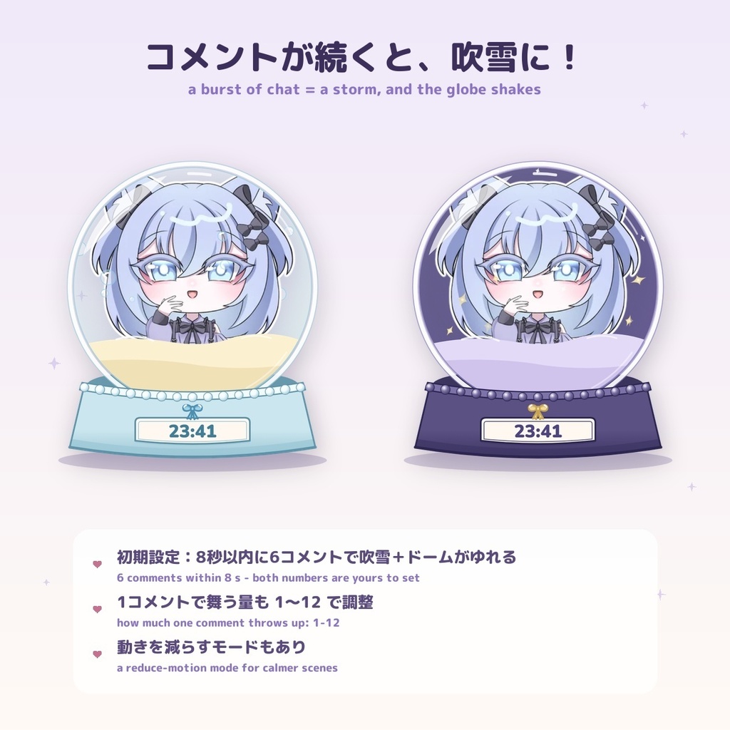 【ゆきふるスノードーム】選べる4つの季節 参加型 Snow Globe for OBS — コメントで雪が舞う・スパチャでオーナメント・自分の立ち絵を入れるだけ(日英・わんコメ / Twitch対応)