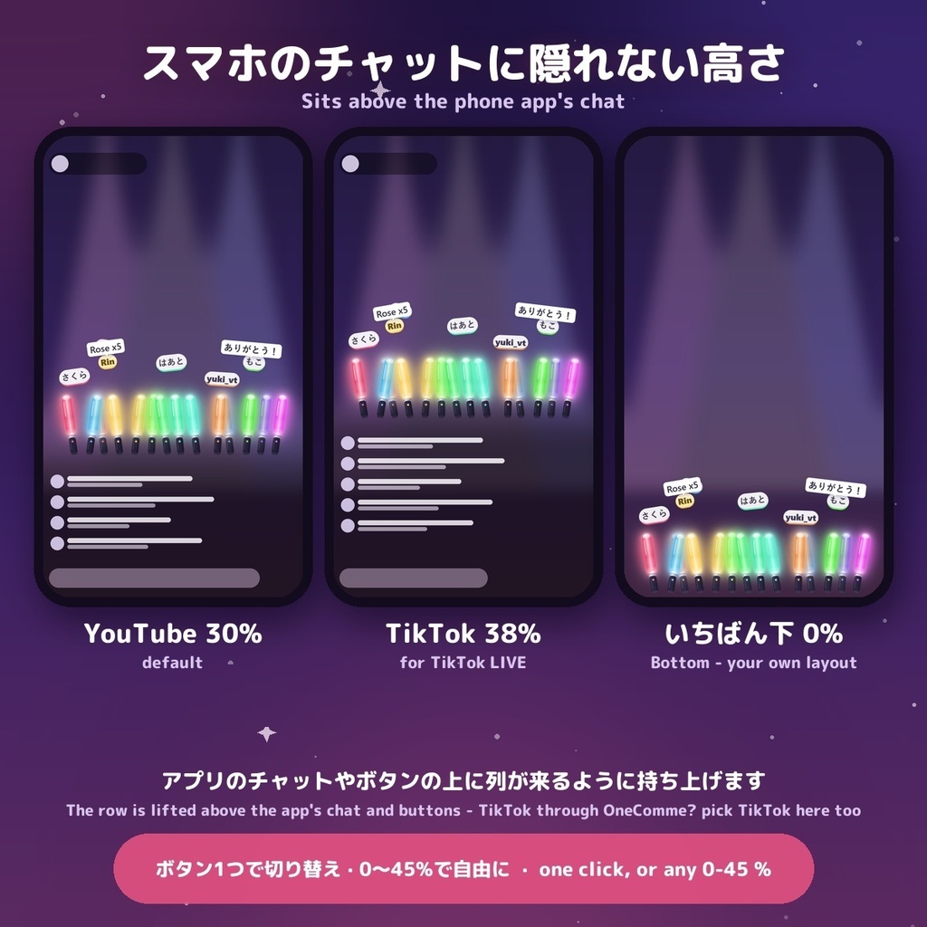 【縦型・TikTok対応】縦型ペンライト客席 / Vertical Penlight for TikTok・TikFinity — ギフトで名前つき金色ペンライト・名前はずっと客席に・スマホのチャットに隠れない高さ 16色(日英・わんコメ / Twitch対応)