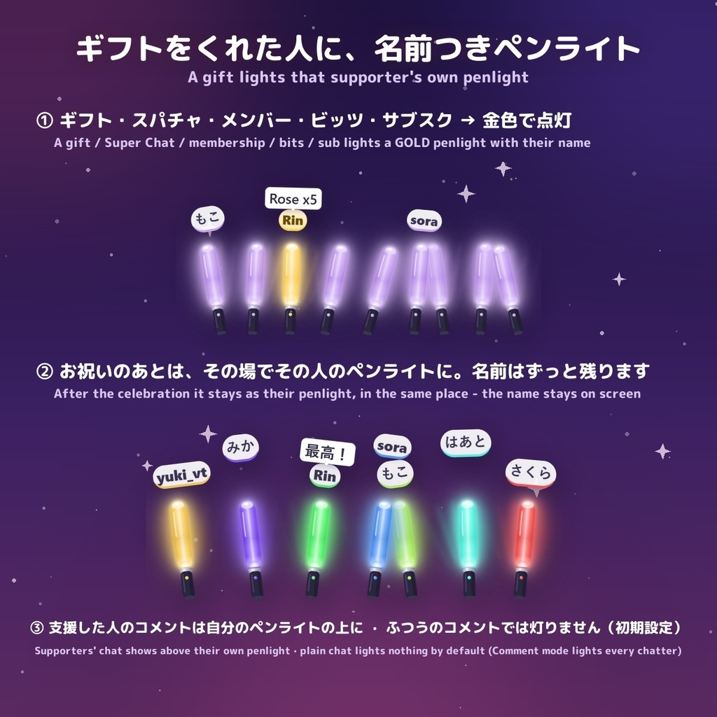 【縦型・TikTok対応】縦型ペンライト客席 / Vertical Penlight for TikTok・TikFinity — ギフトで名前つき金色ペンライト・名前はずっと客席に・スマホのチャットに隠れない高さ 16色(日英・わんコメ / Twitch対応)