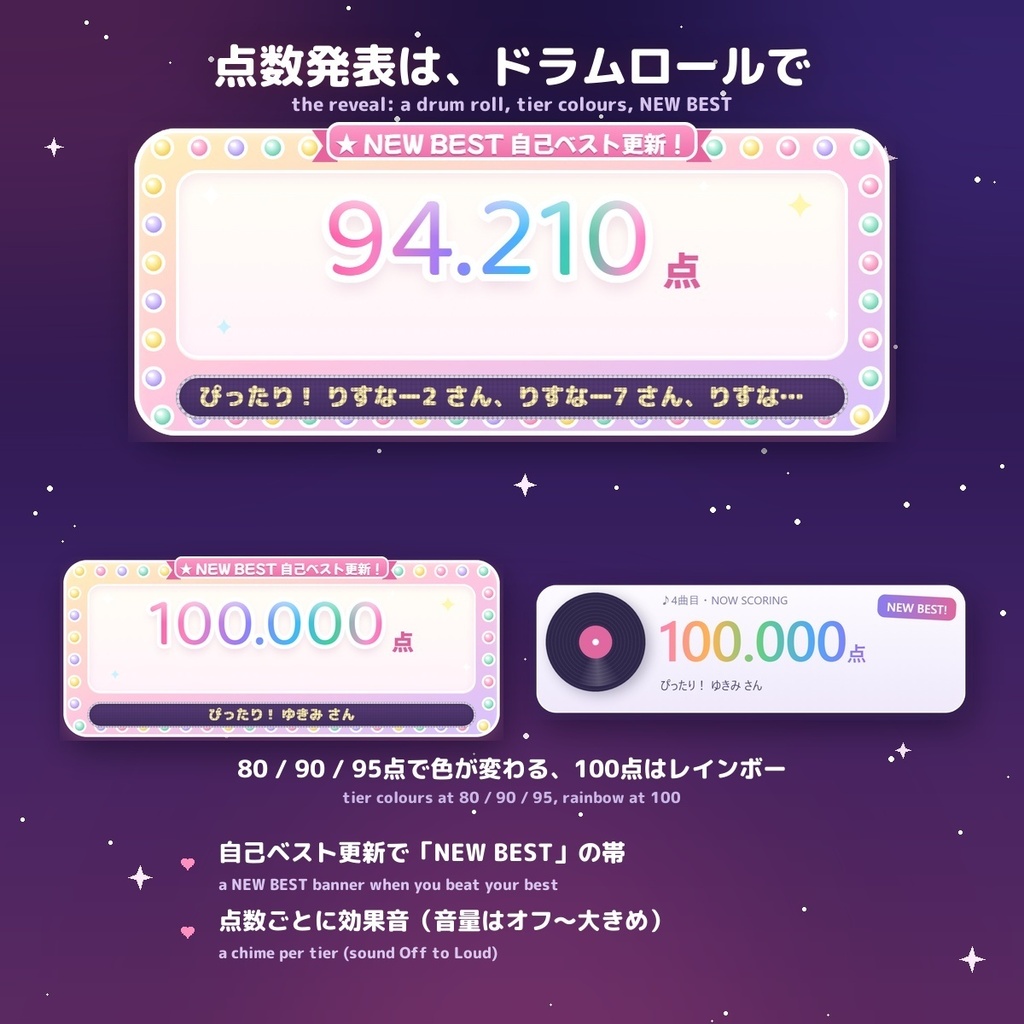 【採点歌枠が、みんなのゲームに】採点チャレンジ / Score Challenge — 視聴者が「♡92」で点数予想・ドラムロールで発表・ぴったり賞・目標で達成演出 選べる5スタイル ネオン/ガラス/プレイヤー/キャンディ看板/デコ電(日英・わんコメ / Twitch対応)