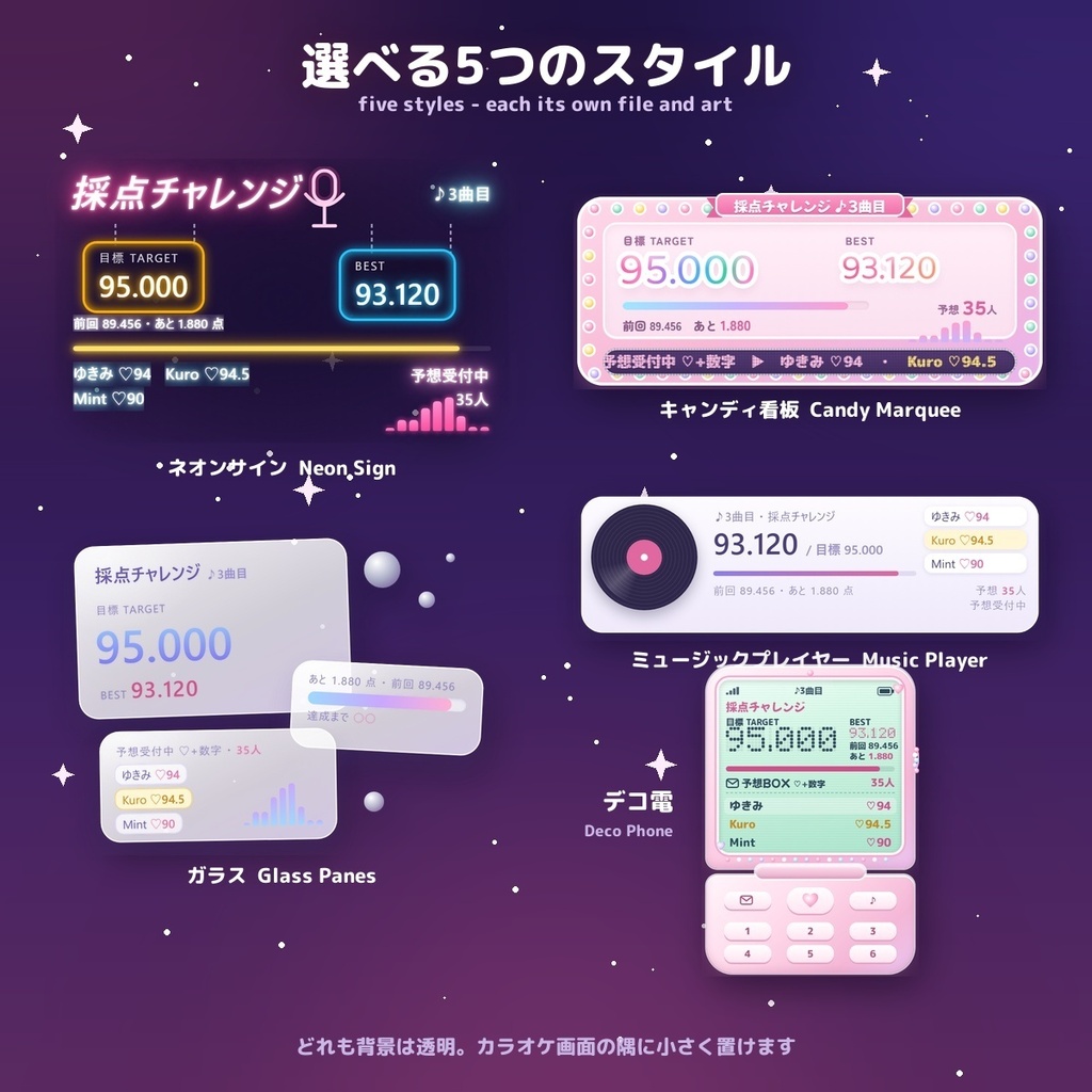 【採点歌枠が、みんなのゲームに】採点チャレンジ / Score Challenge — 視聴者が「♡92」で点数予想・ドラムロールで発表・ぴったり賞・目標で達成演出 選べる5スタイル ネオン/ガラス/プレイヤー/キャンディ看板/デコ電(日英・わんコメ / Twitch対応)