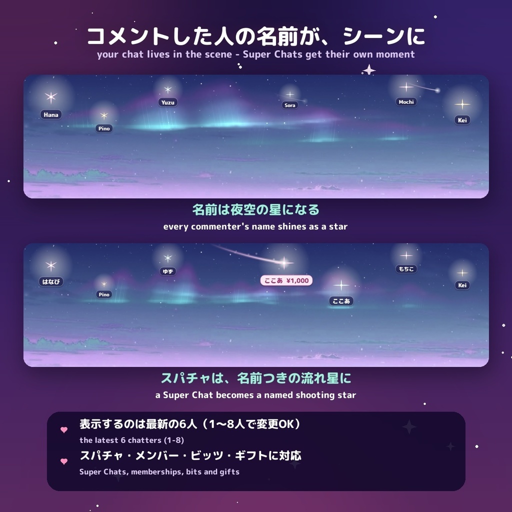 【歌枠に】歌声のオーロラ / Singing Aurora — 歌うと声の大きさでオーロラがゆらめく、夜空オーバーレイ for OBS(コメントは名前つきの星に・日英・わんコメ / Twitch対応)