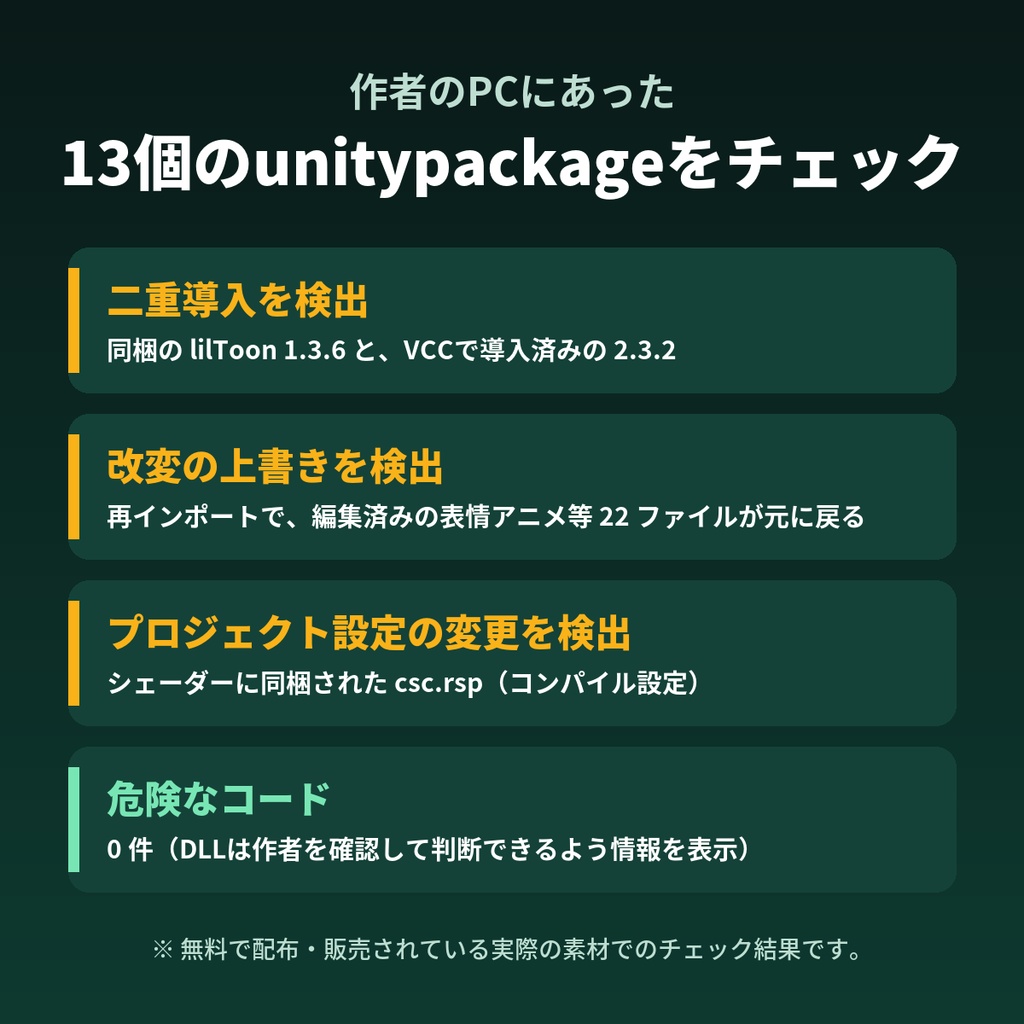 【無料でチェック】VRCパッケージドクター|unitypackageの危険なコード・古いlilToon上書きをインポート前に確認【Windows】