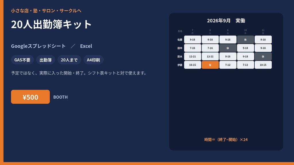 【すぐ使える】20人出勤簿キット|Googleスプレッドシート(時間集計・印刷)