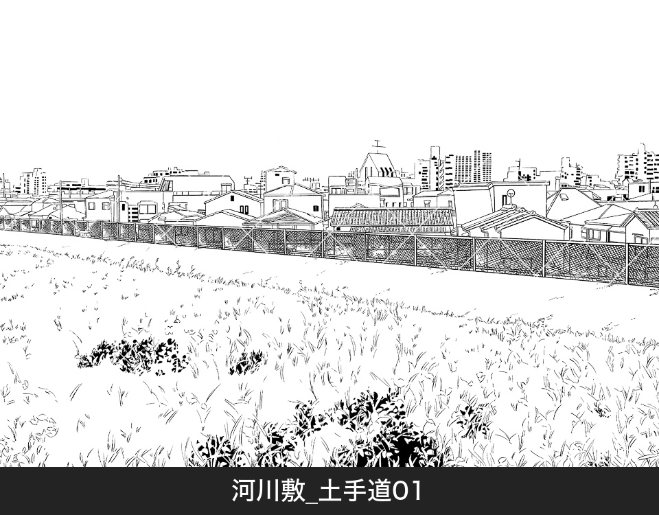 河川敷の土手道(モブ付き)