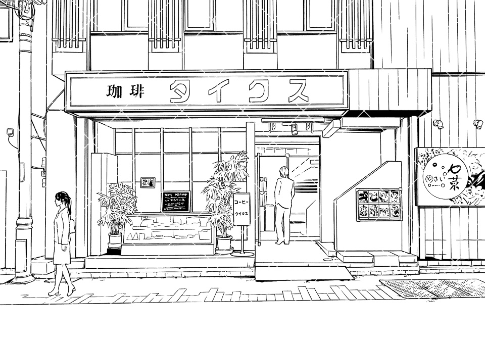 喫茶店の外観(モブ付き)