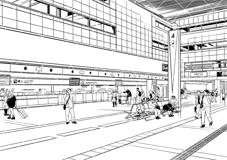 空港の出発ロビー(モブ付き)