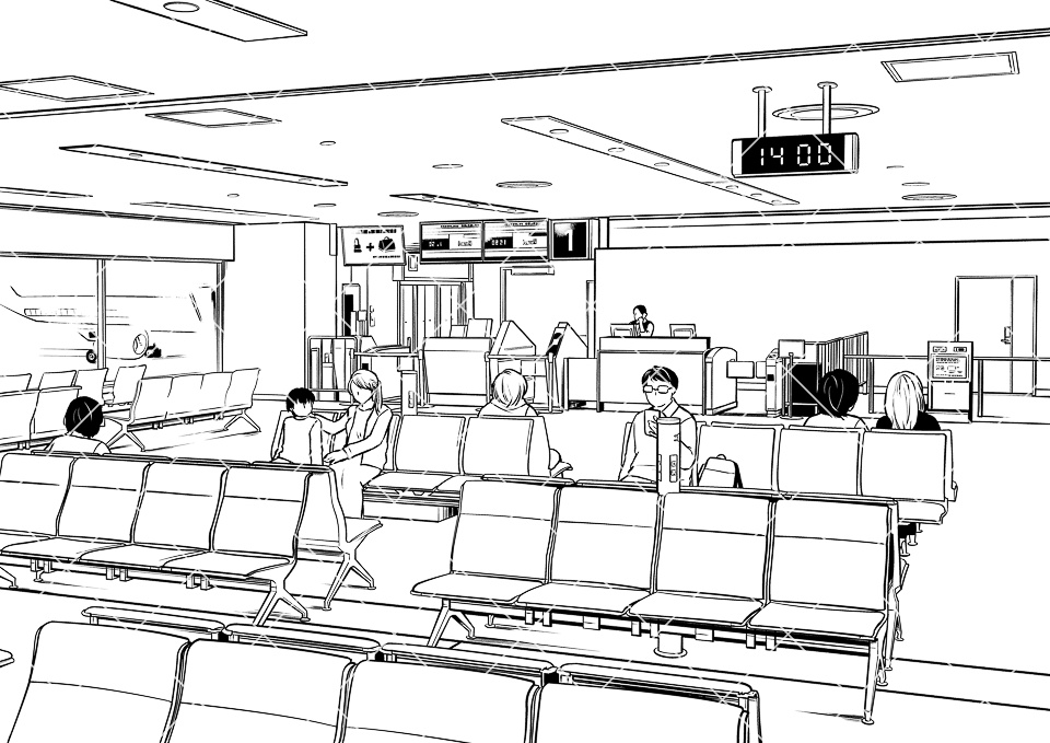 空港の搭乗口(モブ付き)