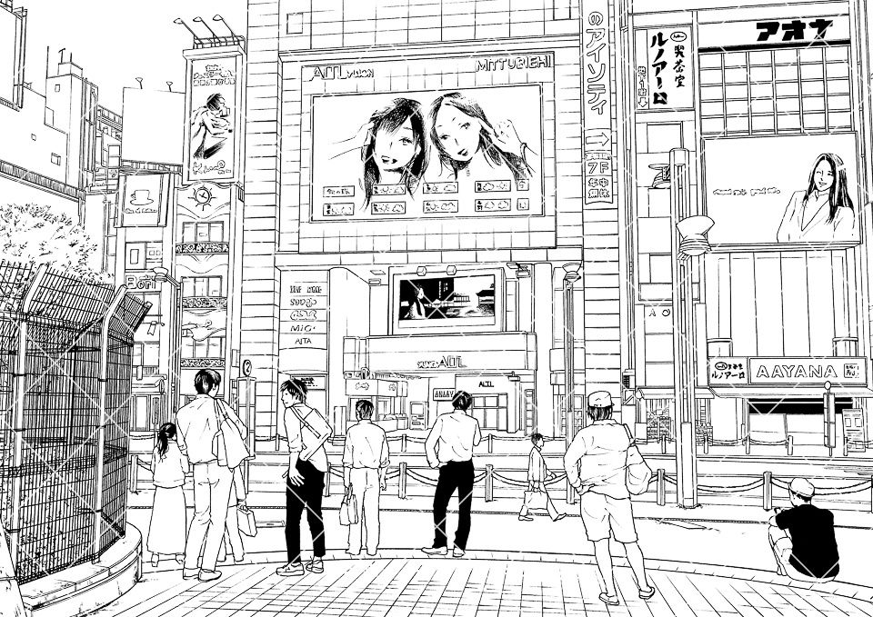 繁華街の大型ビジョン（モブ付き）