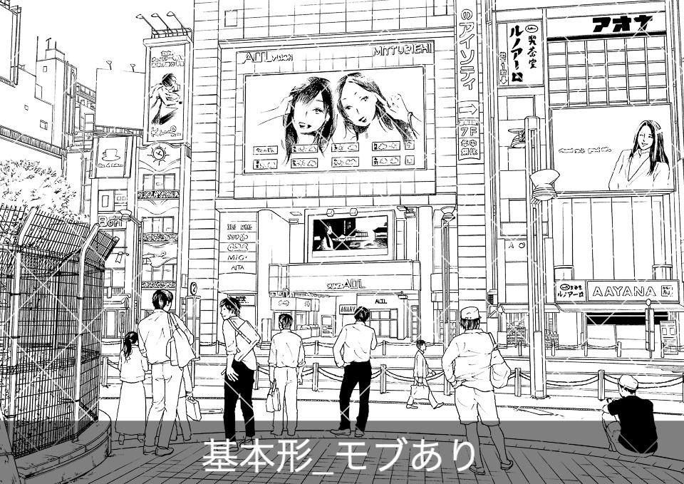 繁華街の大型ビジョン(モブ付き)