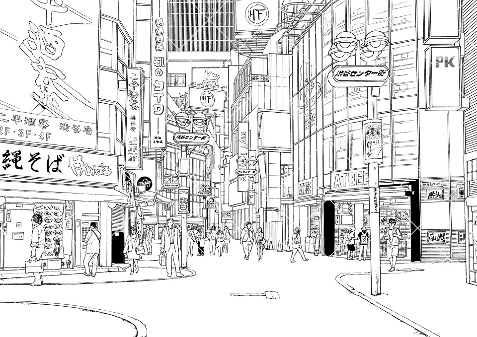 繁華街の通り（モブ付き）