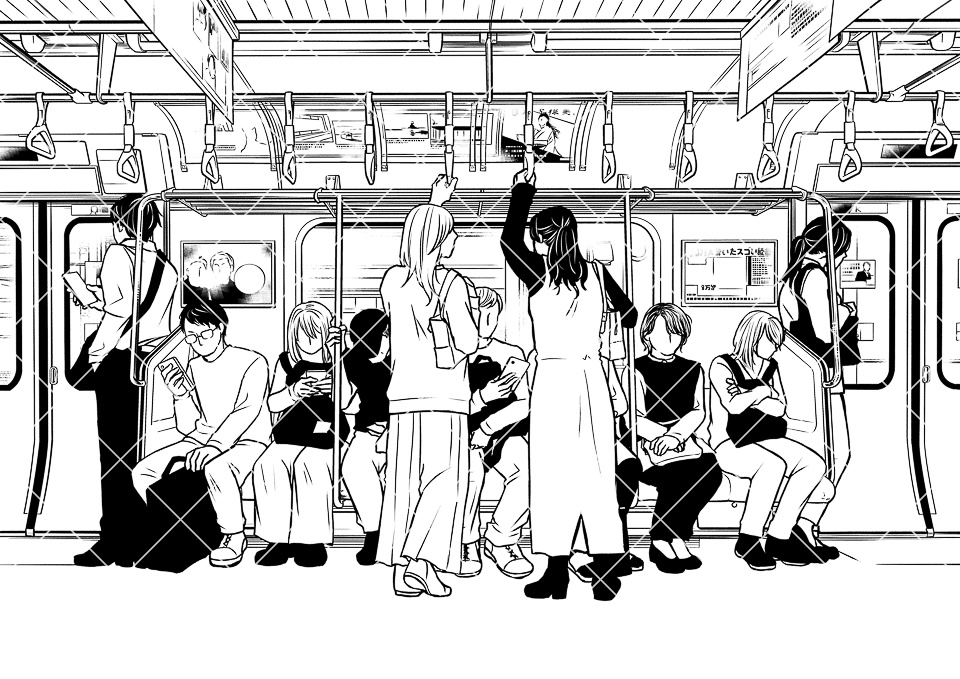 電車のロングシート（モブ付き）