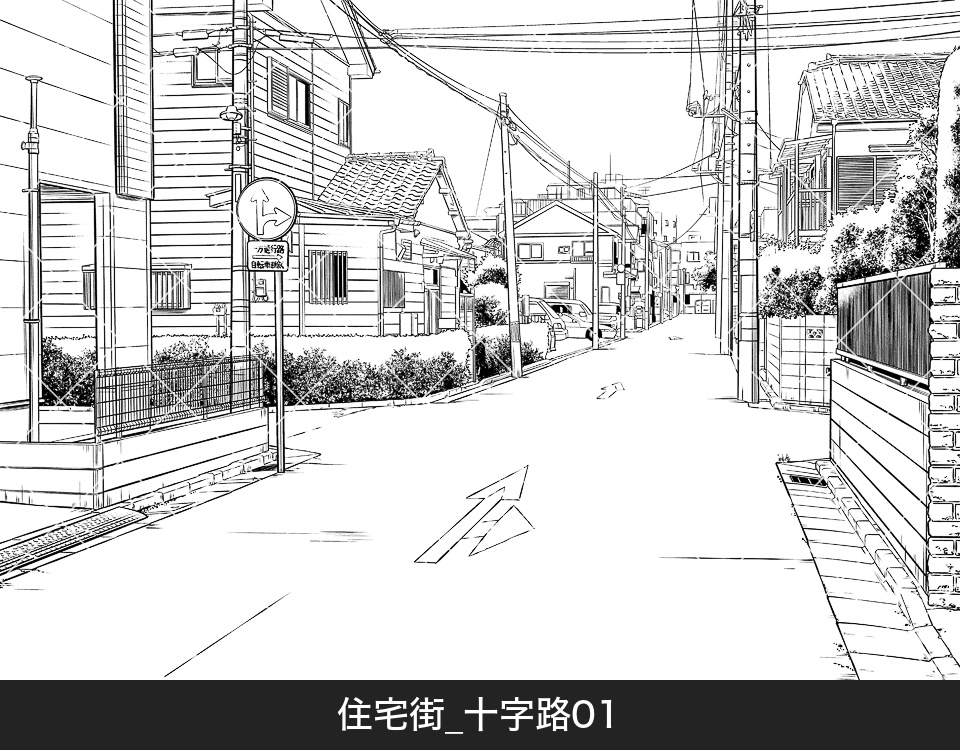【無料期間中】住宅街の十字路（モブ付き）